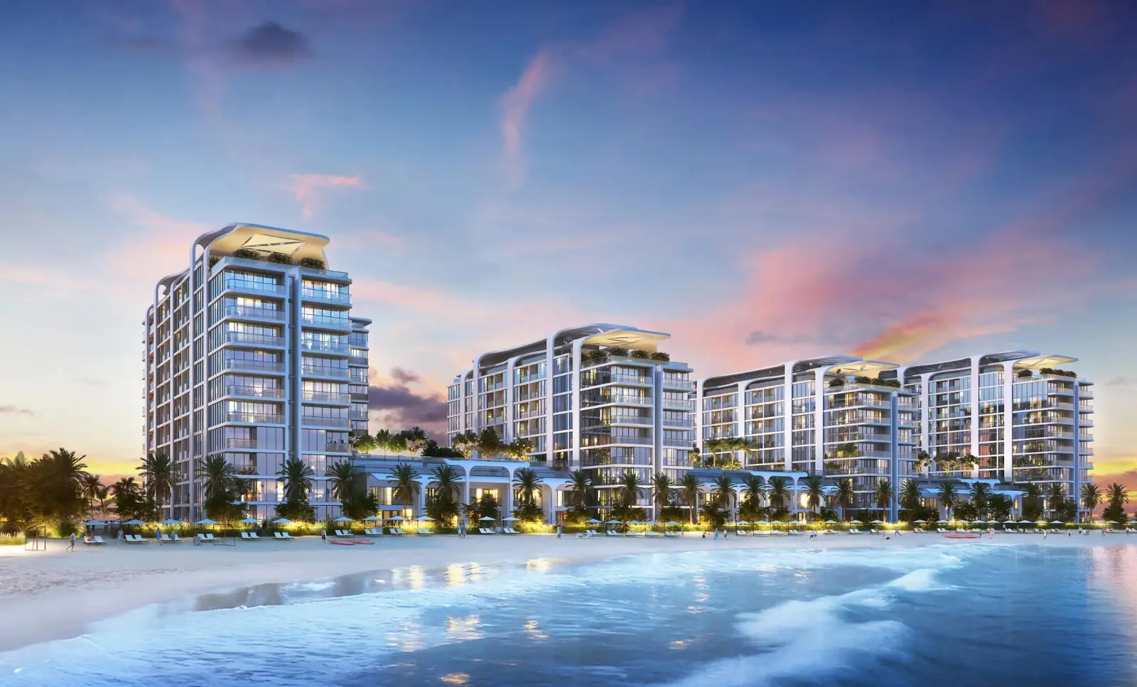 Pristine Beach Residences building exterior showcasing modern architecture in Umm Al Quwain, United Arab Emirates.