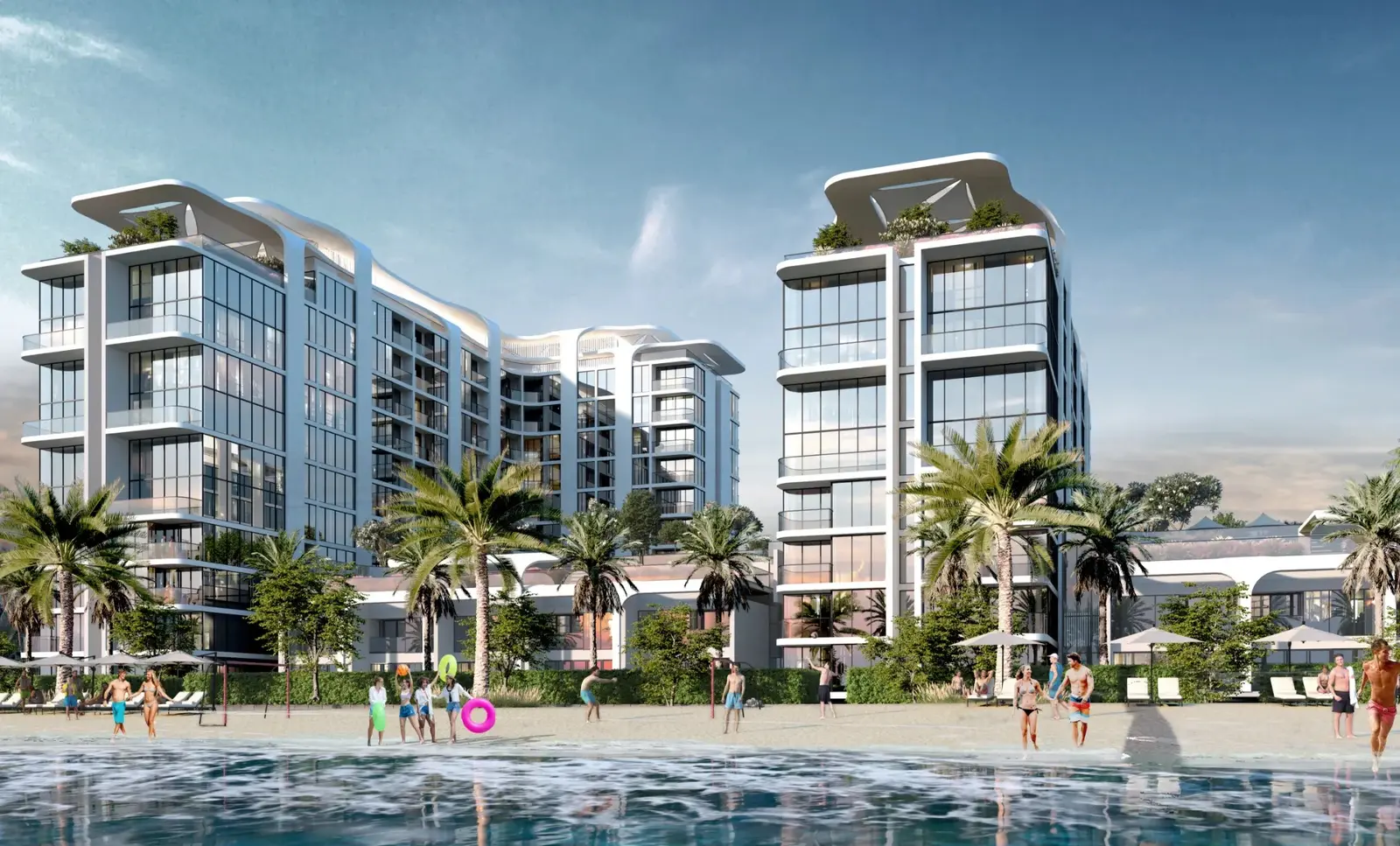 Starline Beach Residences exterior architecture on Siniya Island, Umm Al Quwain, featuring contemporary luxury apartments and coastal views.
