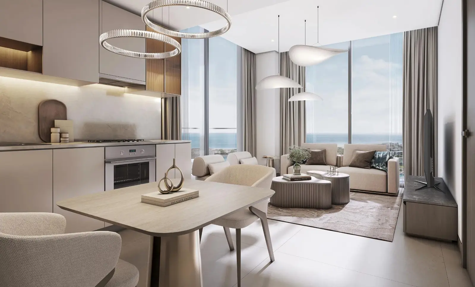 Starline Beach Residences dining area on Siniya Island, Umm Al Quwain, featuring modern interiors and an open-plan residential layout.