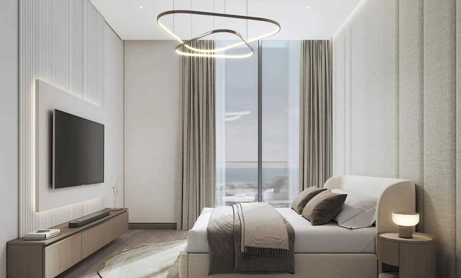 Starline Beach Residences bedroom interior on Siniya Island, Umm Al Quwain, featuring modern furnishings and a comfortable residential layout.