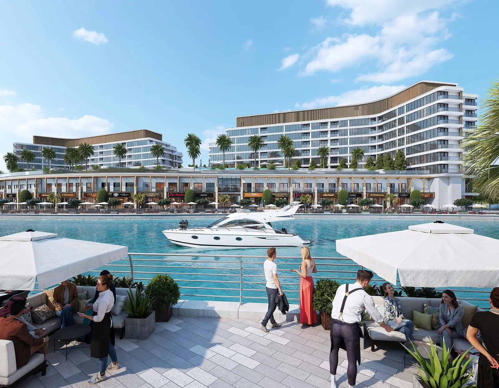 Vibrant waterfront dining promenade and leisure yacht cruising past cafes at Capeside Marina Residences Sobha Siniya Island.