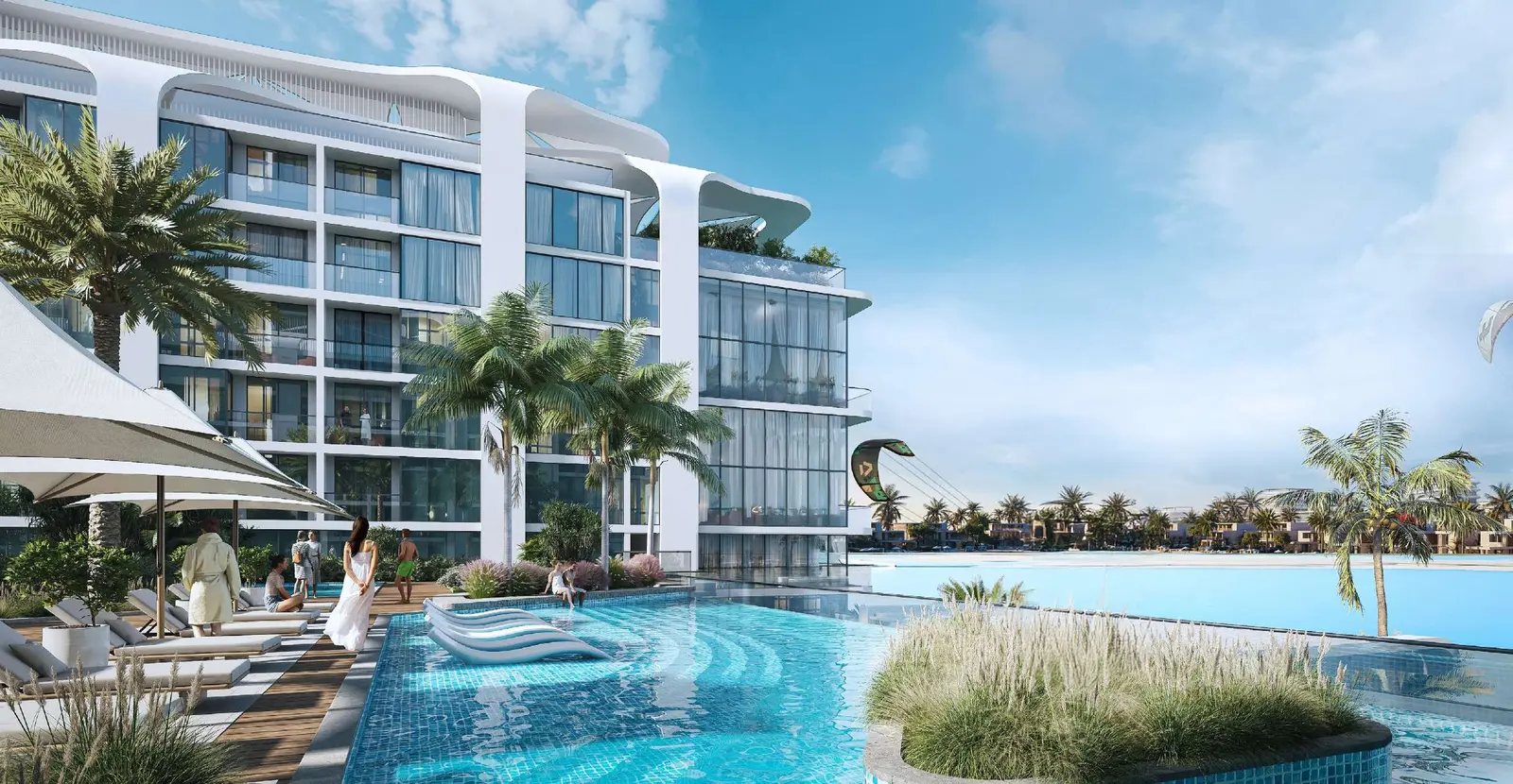 Swimming pool at Coastline Beach Residences, Siniya Island, Umm Al Quwain, showcasing premium waterfront residential leisure amenities.