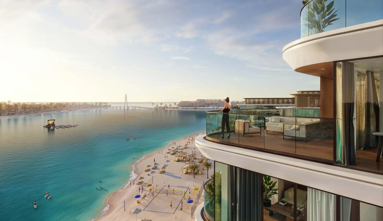 Curved private balcony terrace offering sweeping coastal and beachfront vistas at Pearlside Marina Residences on Sobha Siniya Island Umm Al Quwain.