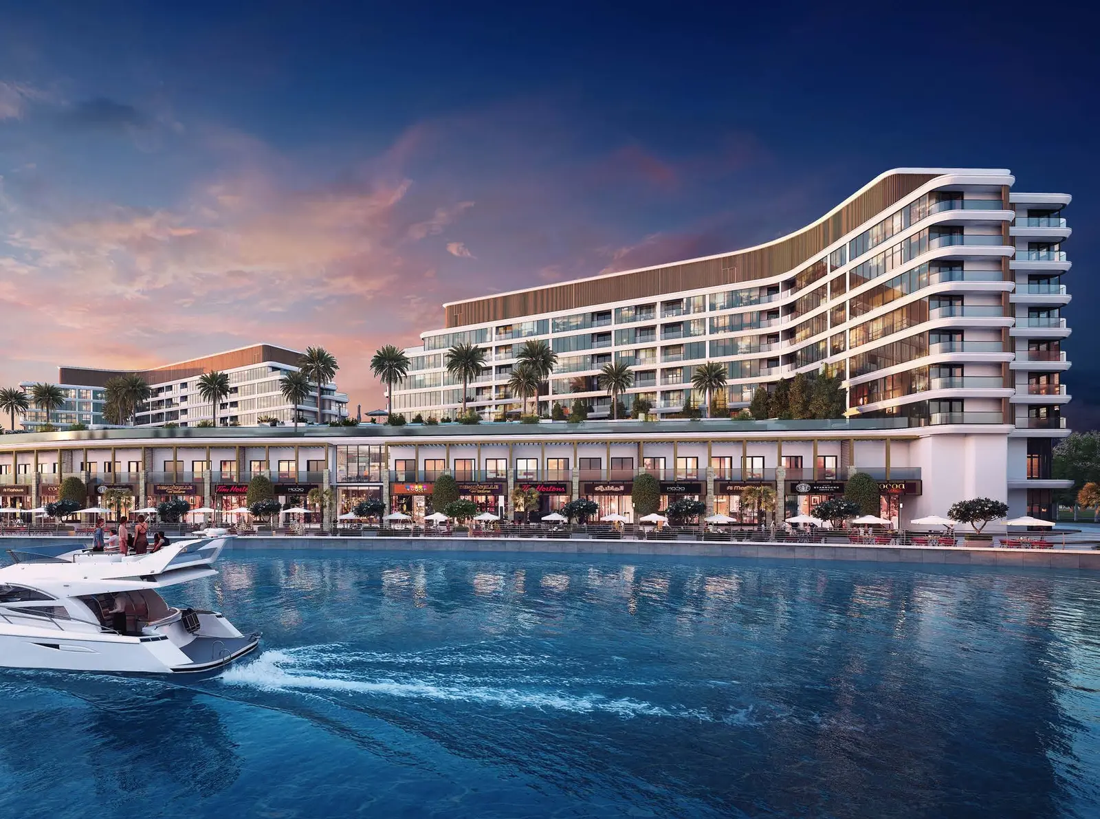 Evening dusk perspective of modern waterfront residential facade and retail promenade at Pearlside Marina Residences Sobha Siniya Island.