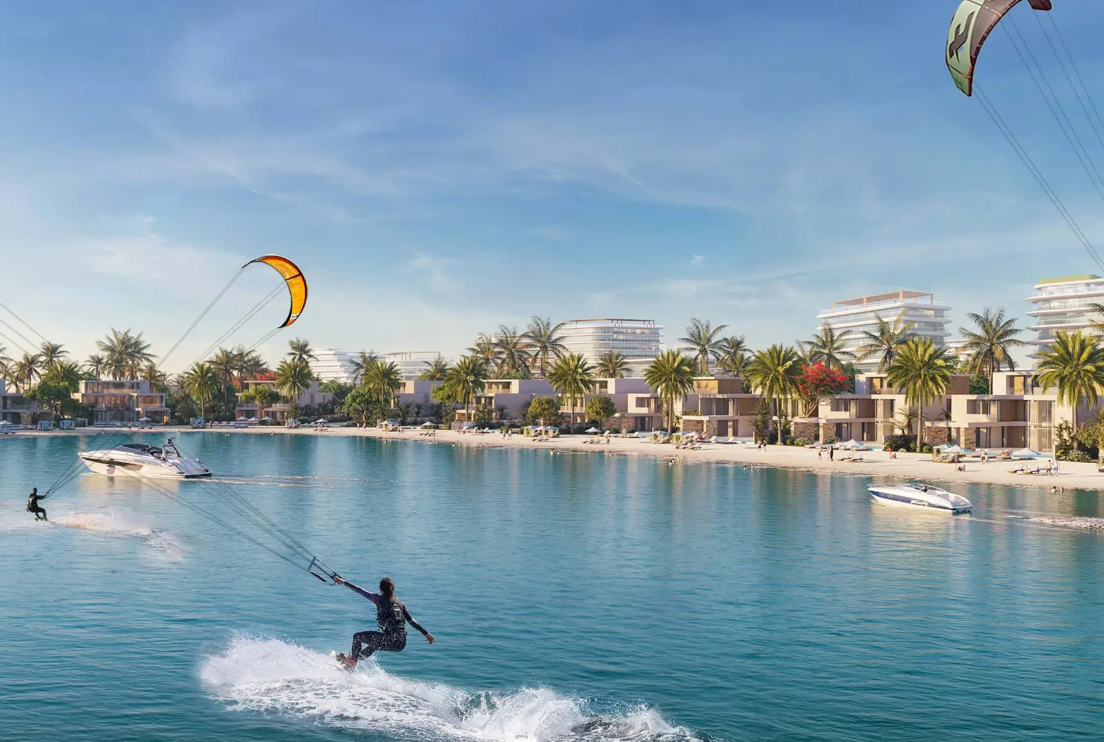 Kite surfers and water sports enthusiasts enjoying turquoise lagoons fronting waterfront homes at Pearlside Marina Residences Umm Al Quwain.