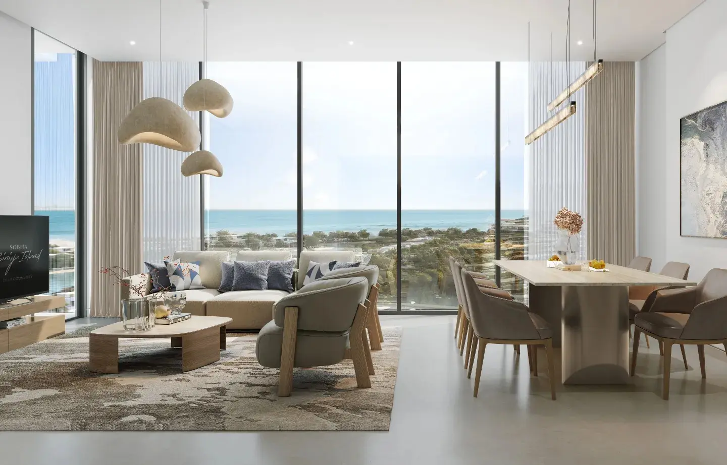 Florine Beach Residences on Sobha Siniya Island, Umm Al Quwain, furnished apartment interiors with contemporary decor and comfortable living spaces.