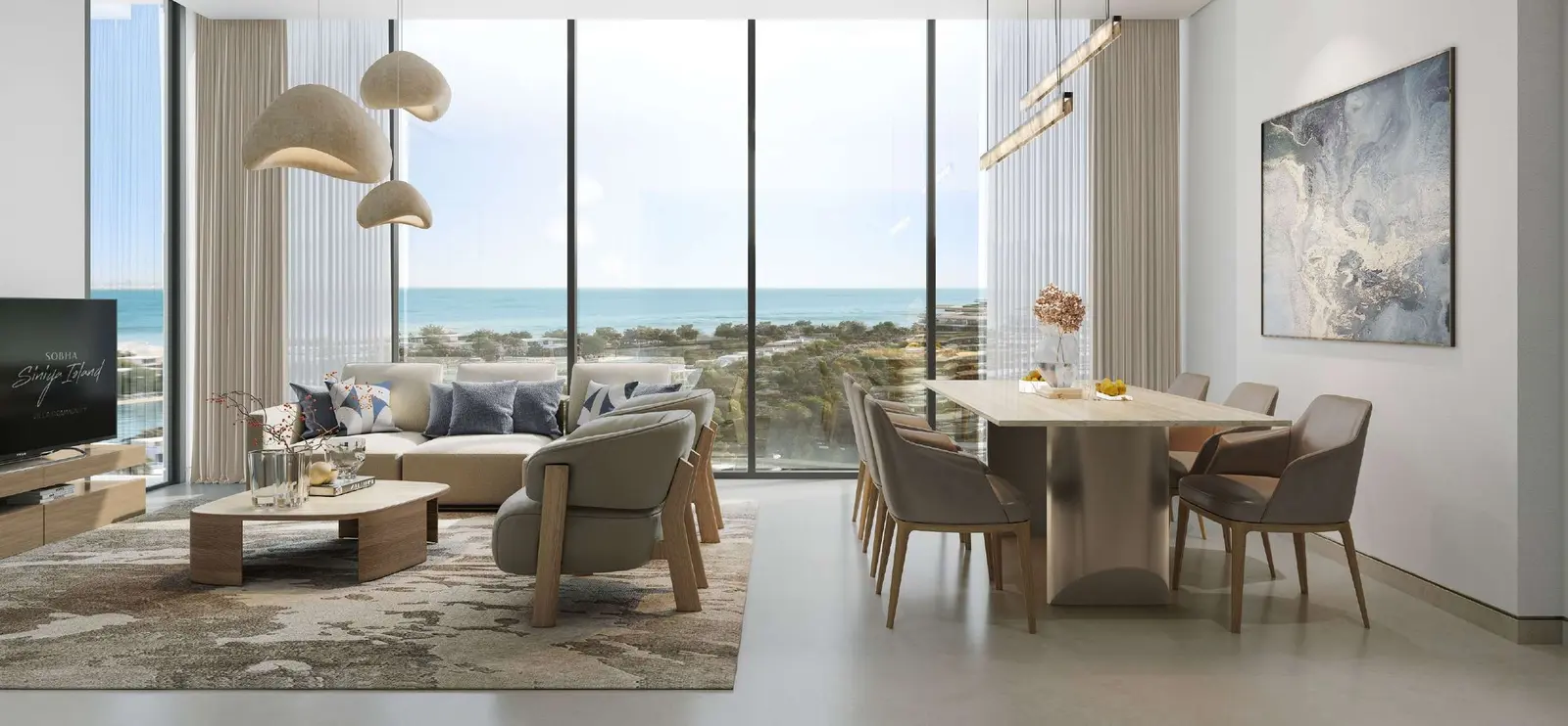 Florine Beach Residences on Sobha Siniya Island, Umm Al Quwain, contemporary dining area interiors with elegant furniture and premium styling.