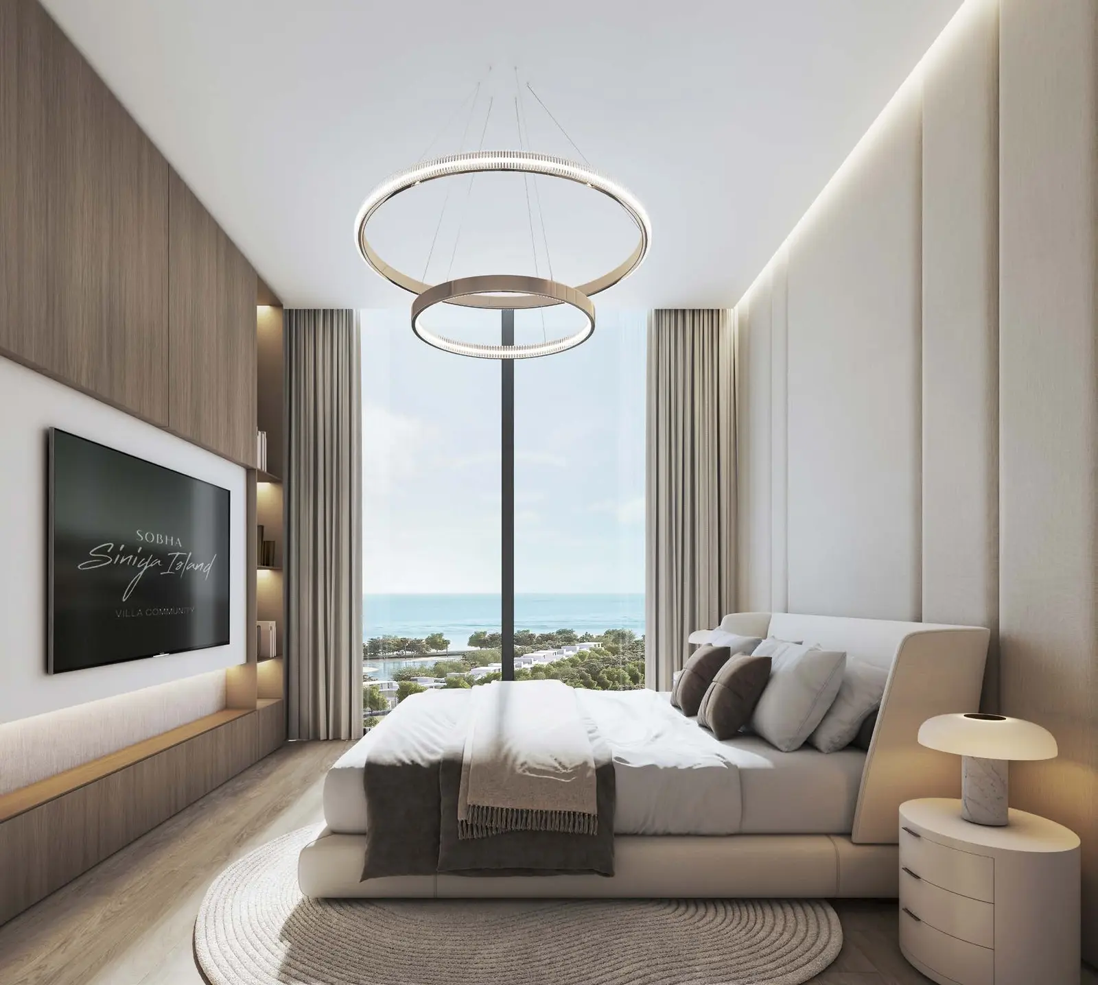 Yachtside Marina Residences at Sobha Siniya Island elegant master bedroom interior with circular chandelier and sea view