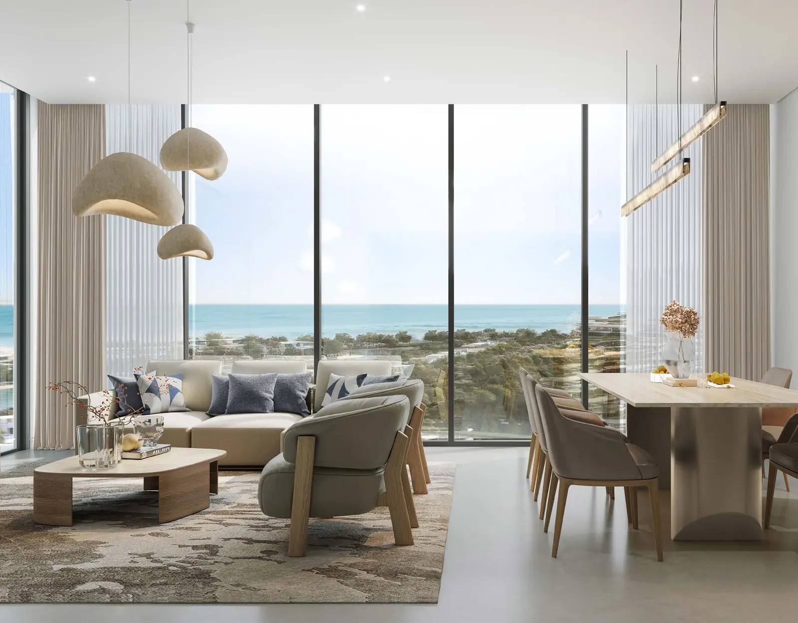 Yachtside Marina Residences at Sobha Siniya Island modern luxury living dining room with panoramic coastal sea views
