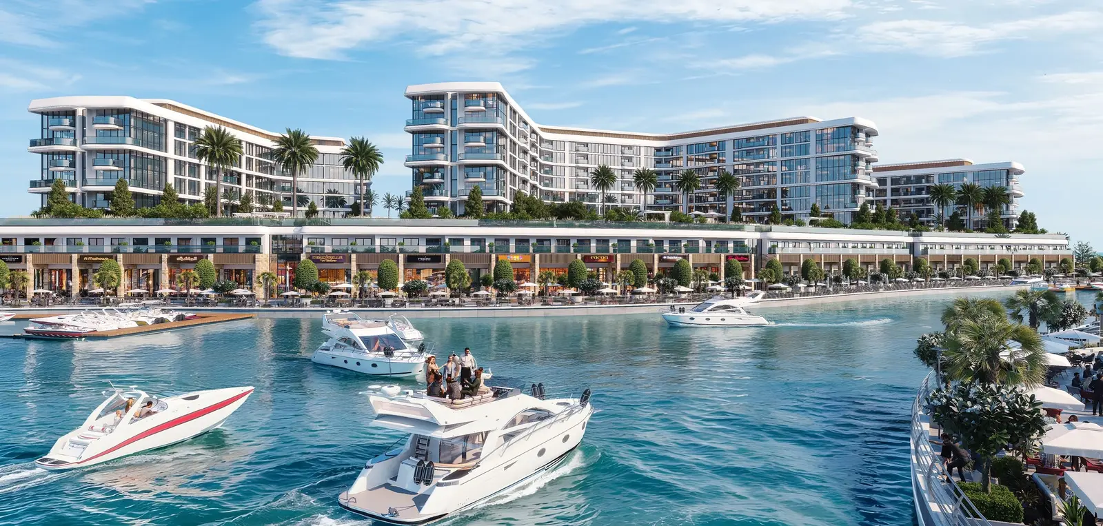 Waterfront architectural towers, buzzing retail promenade, and cruising yachts at Bayfront Marina Residences Sobha Siniya Island.