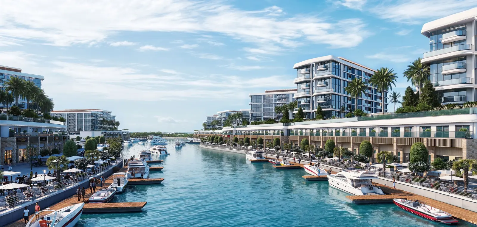 Wide motorized seawater marina canal lined with luxury residences and lively dining boardwalks at Bayfront Marina Residences.