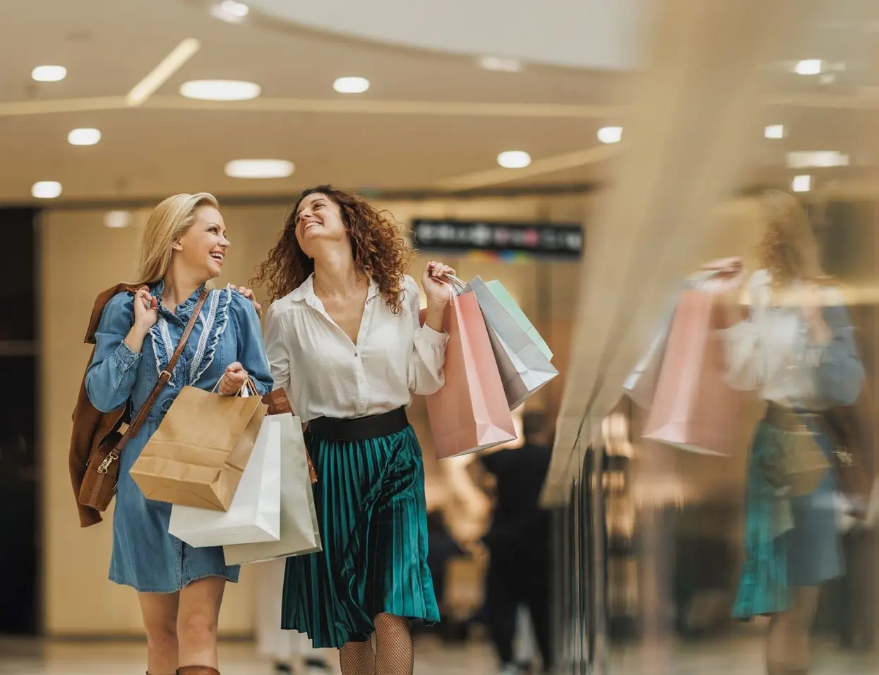 Shoppers carrying luxury boutique bags inside the modern Marina Residences Mall near Bayfront Marina Residences apartment towers.