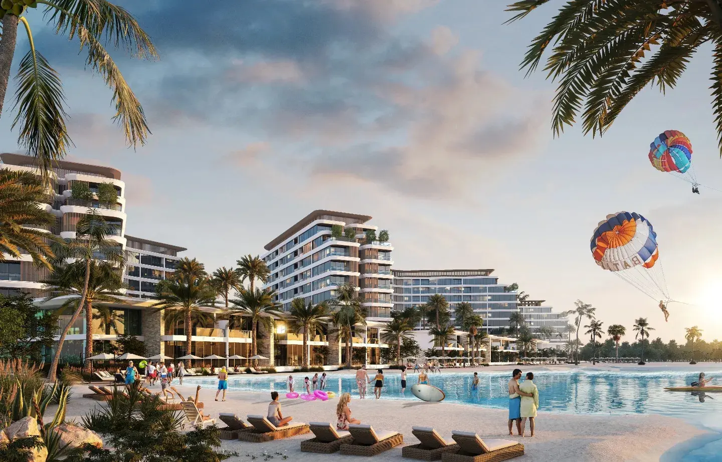 Delphine Beach Residences, Sobha Siniya Island, Umm Al Quwain, resort-style residential development with swimming pool and outdoor leisure spaces.