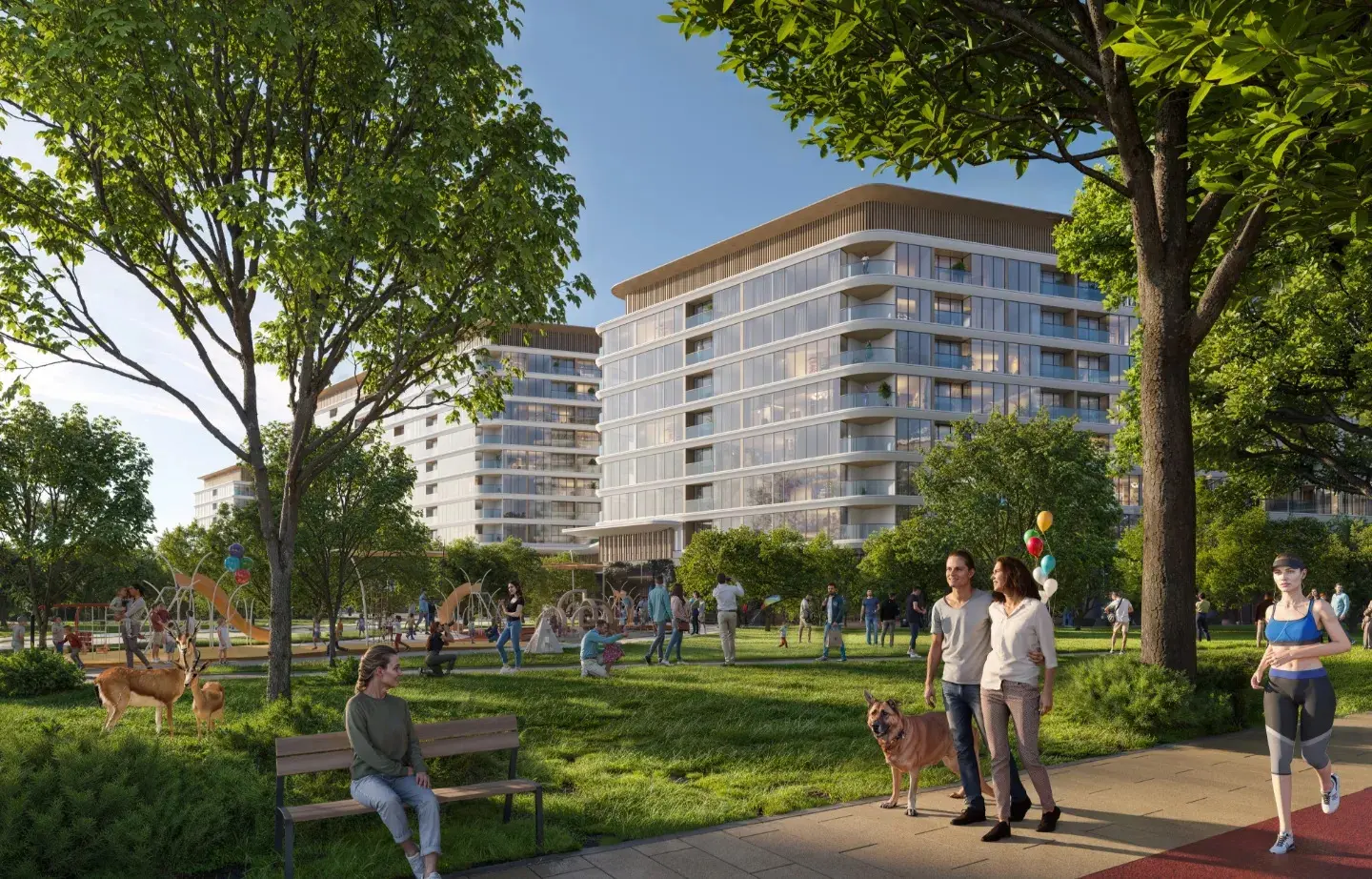Delphine Beach Residences on Sobha Siniya Island, Umm Al Quwain, elegant apartment towers surrounded by landscaped gardens and greenery.