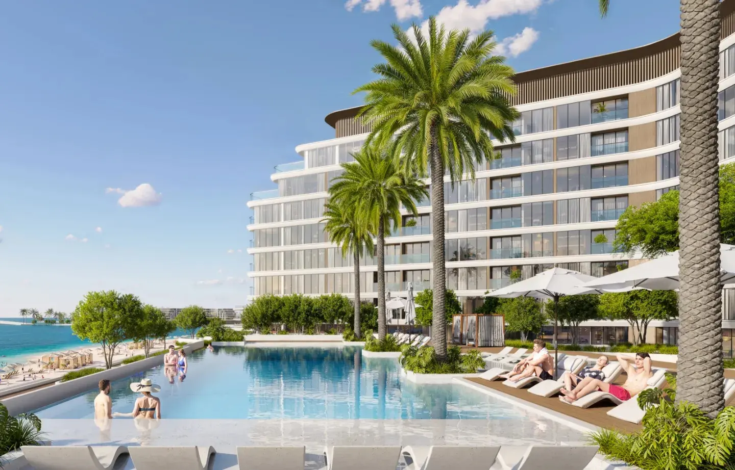 Delphine Beach Residences at Sobha Siniya Island, Umm Al Quwain, contemporary exterior design near the beach and saltwater lagoon.