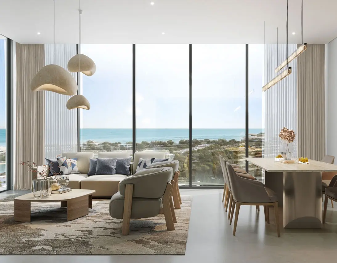 Modern open plan living and dining room with floor to ceiling windows  at Bayside Marina Residences on Sobha Siniya Island   Copy