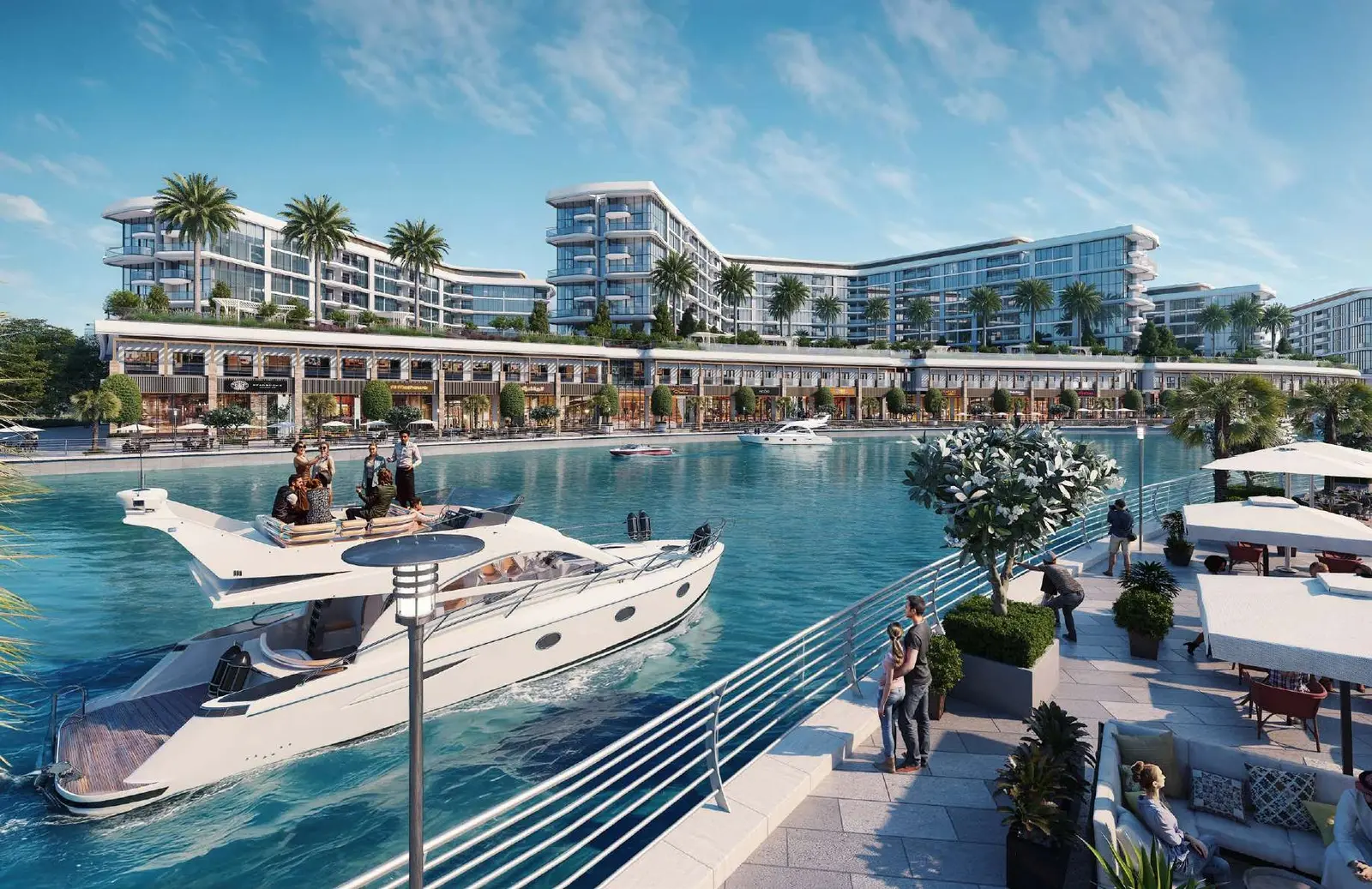 Marina walkway view with yachts docked alongside Pierside Marina Residences retail spaces on Sobha Siniya Island UAQ