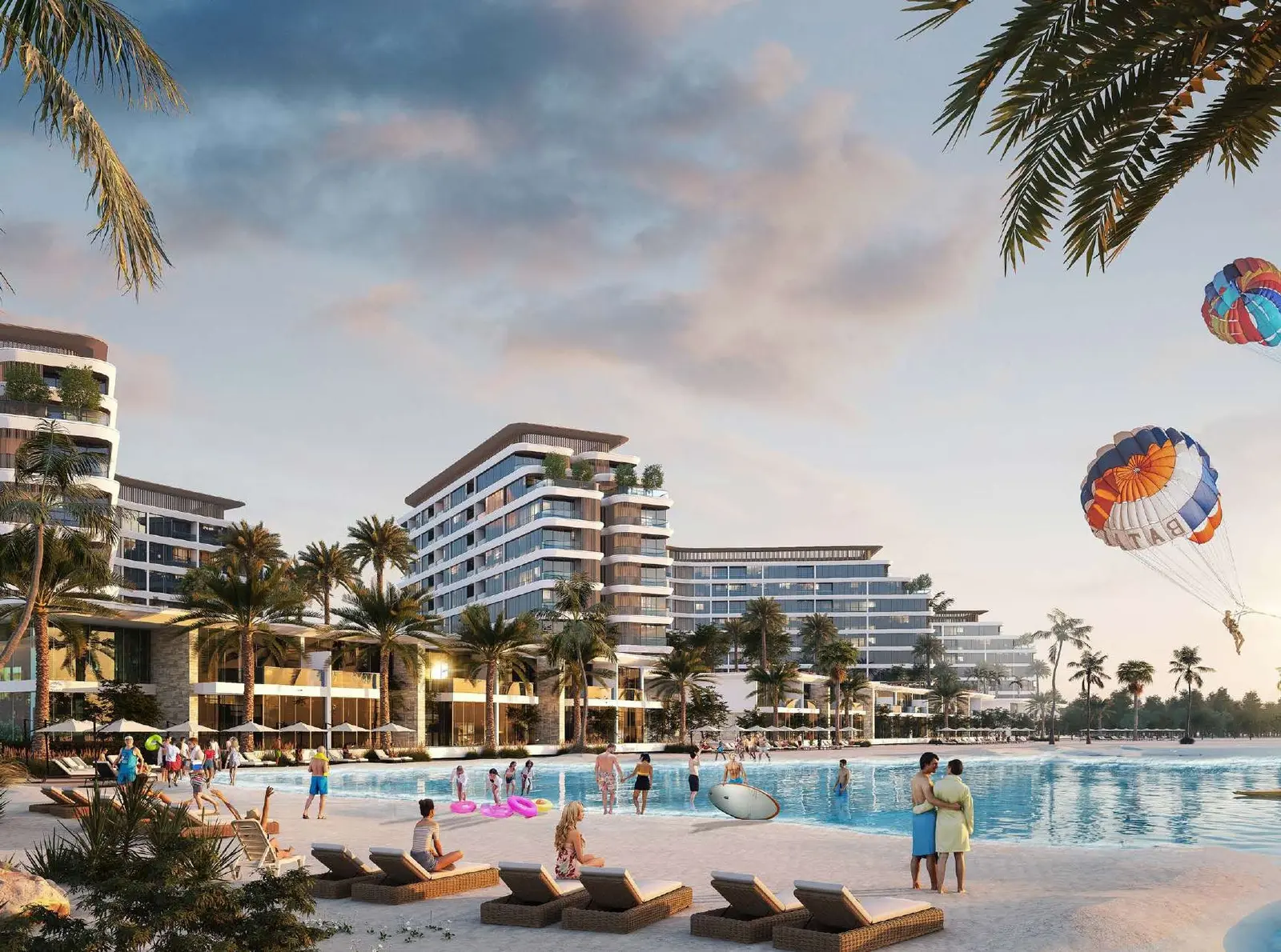 Waterfront resort amenities and residential facades at Pierside Marina Residences Sobha Siniya Island UAQ