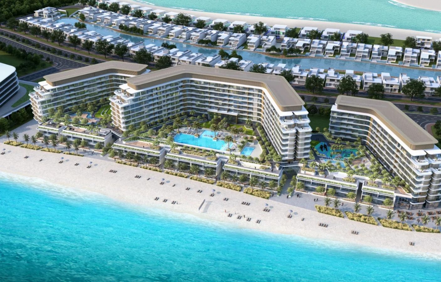 Aquamarine Beach Residences on Sobha Siniya Island, Umm Al Quwain, featuring luxury apartments near the saltwater shoreline.